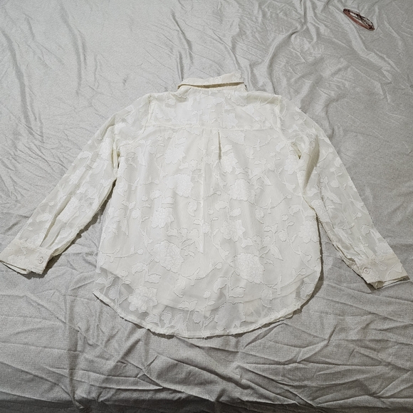 Pretty Garden Romantic Sheer Chiffon Textured Blouse Button Down Cream Small - Picture 11 of 16